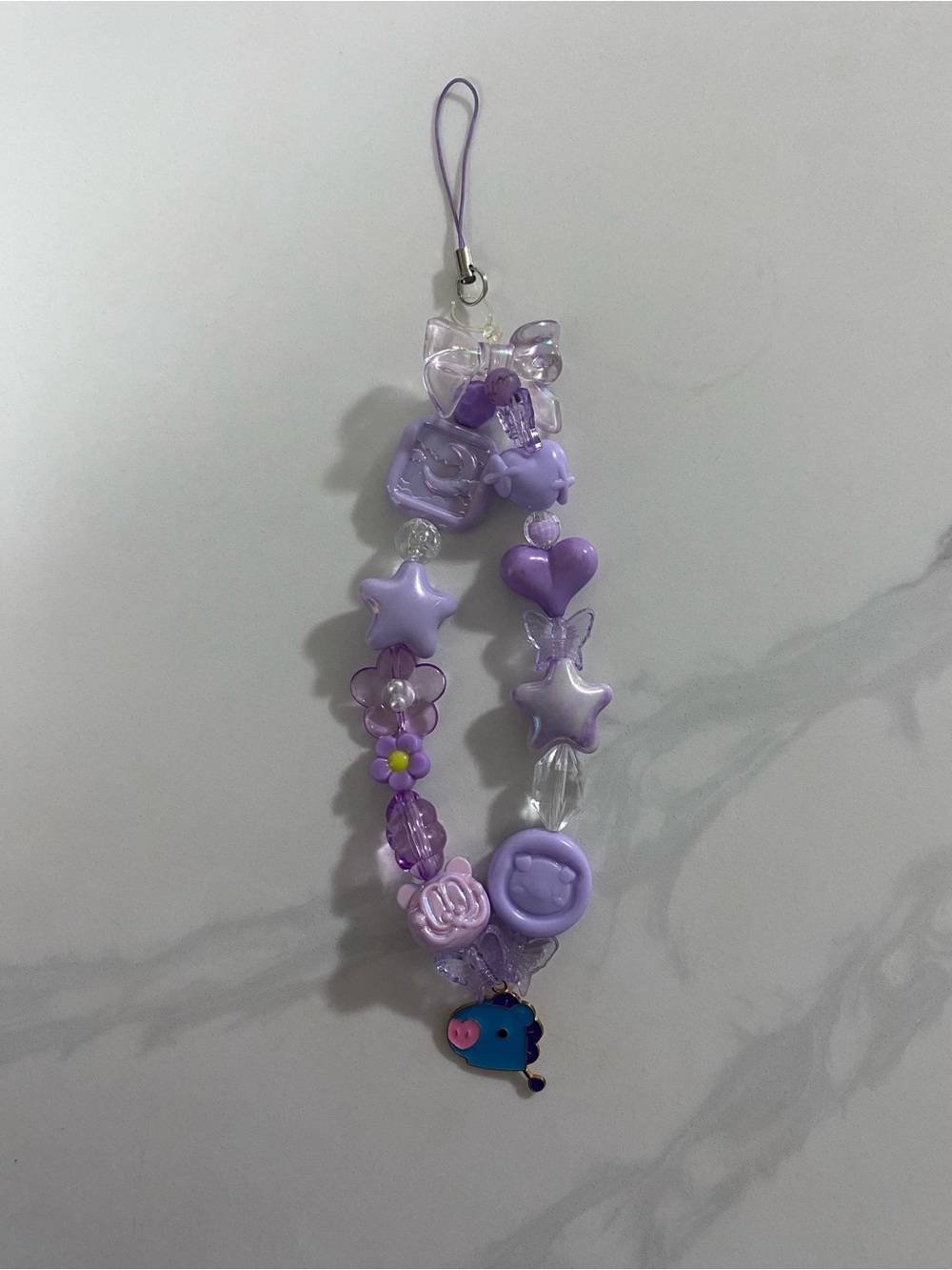 Purple Beaded Phone Charm Strap with Cute Animal Charm